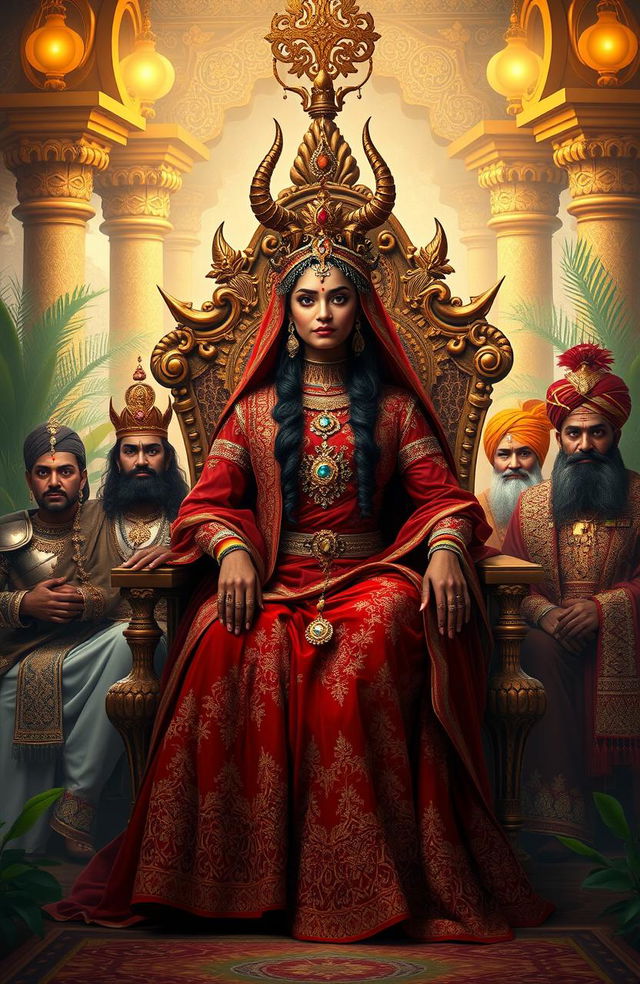 A stunning depiction of a Demon Princess seated on an ornate throne, adorned in luxurious Indian Ancient clothing with intricate patterns, gemstone embellishments, and a flowing veil