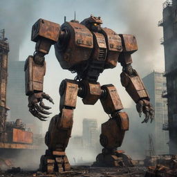 Immersive 2D concept of a Diesel Punk mecha inspired by the aesthetics of Pacific Rim. A rugged, rusted, colossal robot equipped with turbine-driven machinery, standing firmly against a grimy industrial cityscape shrouded in heavy smoke.