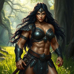 A hyper-realistic depiction of a fierce Amazon warrior, showcasing her powerful physique and valiant stance