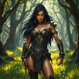 A hyper-realistic depiction of a fierce Amazon warrior, showcasing her powerful physique and valiant stance