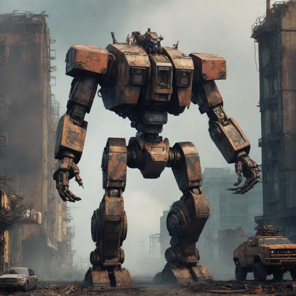 Immersive 2D concept of a Diesel Punk mecha inspired by the aesthetics of Pacific Rim. A rugged, rusted, colossal robot equipped with turbine-driven machinery, standing firmly against a grimy industrial cityscape shrouded in heavy smoke.