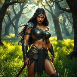 A hyper-realistic depiction of a fierce Amazon warrior, showcasing her powerful physique and valiant stance