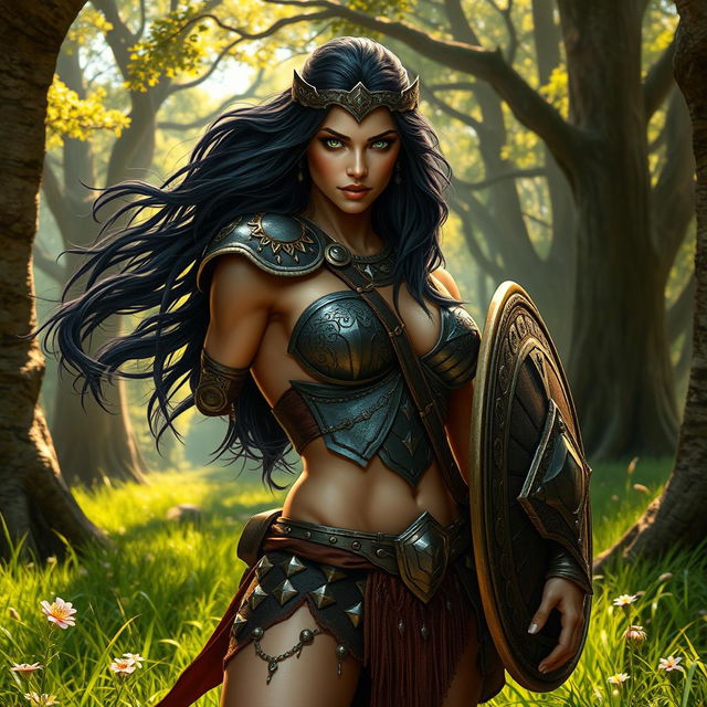 A hyper-realistic depiction of a fierce Amazon warrior, showcasing her powerful physique and valiant stance