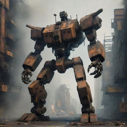 Immersive 2D concept of a Diesel Punk mecha inspired by the aesthetics of Pacific Rim. A rugged, rusted, colossal robot equipped with turbine-driven machinery, standing firmly against a grimy industrial cityscape shrouded in heavy smoke.