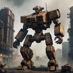 Immersive 2D concept of a Diesel Punk mecha inspired by the aesthetics of Pacific Rim. A rugged, rusted, colossal robot equipped with turbine-driven machinery, standing firmly against a grimy industrial cityscape shrouded in heavy smoke.