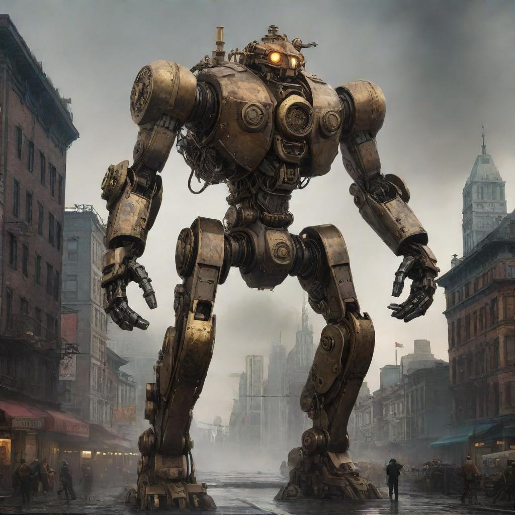 2D concept art showcasing a Steampunk-inspired mecha in the vein of Pacific Rim. The towering mechanical construct, finely crafted with intricate gears, brass finish, and belching steam, dominates a detailed Victorian era cityscape under a smoky sky.