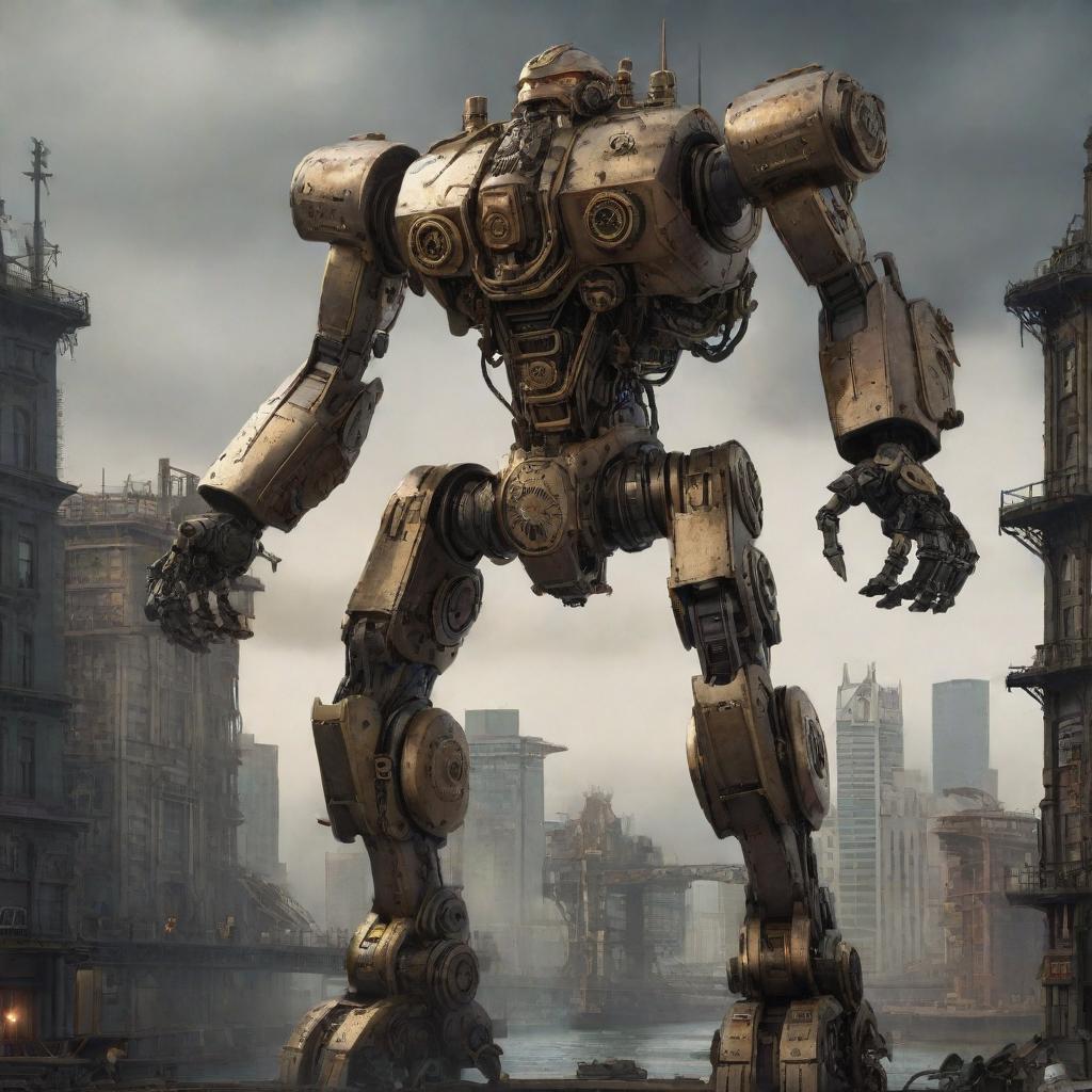 2D concept art showcasing a Steampunk-inspired mecha in the vein of Pacific Rim. The towering mechanical construct, finely crafted with intricate gears, brass finish, and belching steam, dominates a detailed Victorian era cityscape under a smoky sky.