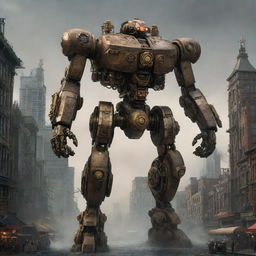 2D concept art showcasing a Steampunk-inspired mecha in the vein of Pacific Rim. The towering mechanical construct, finely crafted with intricate gears, brass finish, and belching steam, dominates a detailed Victorian era cityscape under a smoky sky.