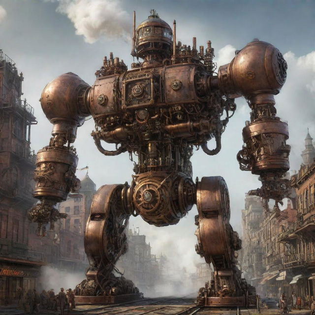 A detailed 2D concept art piece of a Steampunk mecha teeming with twisting valves, pumping pistons, and hissing steam output systems. This gargantuan mechanical marvel blends futuristic tech with Victorian-era aesthetics against an industrial cityscape.