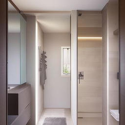 Detailed and contemporary one-bedroom design with a well-organized shower and toilet space. Incorporate soft hues, sleek fixtures and optimize for natural light.