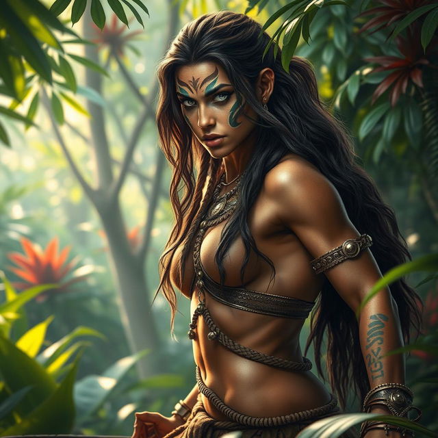 A hyper-realistic depiction of an Amazon warrior, showcasing her strength and beauty