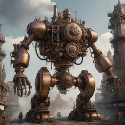 A detailed 2D concept art piece of a Steampunk mecha teeming with twisting valves, pumping pistons, and hissing steam output systems. This gargantuan mechanical marvel blends futuristic tech with Victorian-era aesthetics against an industrial cityscape.