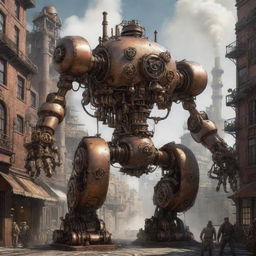 A detailed 2D concept art piece of a Steampunk mecha teeming with twisting valves, pumping pistons, and hissing steam output systems. This gargantuan mechanical marvel blends futuristic tech with Victorian-era aesthetics against an industrial cityscape.