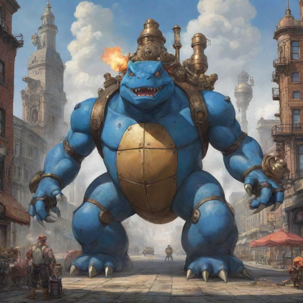 A 2D concept art piece featuring Steampunk redesigns of Venusaur, Blastoise, and Charizard as immense mechas, brimming with numerous valves, pistons and steam outlets. The trio dominate a Victorian-influenced cityscape, their intricate mechanics mirroring the era's industrial wonders.