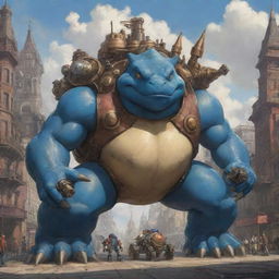 A 2D concept art piece featuring Steampunk redesigns of Venusaur, Blastoise, and Charizard as immense mechas, brimming with numerous valves, pistons and steam outlets. The trio dominate a Victorian-influenced cityscape, their intricate mechanics mirroring the era's industrial wonders.