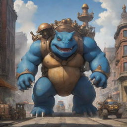 A 2D concept art piece featuring Steampunk redesigns of Venusaur, Blastoise, and Charizard as immense mechas, brimming with numerous valves, pistons and steam outlets. The trio dominate a Victorian-influenced cityscape, their intricate mechanics mirroring the era's industrial wonders.