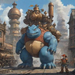 A 2D concept art piece featuring Steampunk redesigns of Venusaur, Blastoise, and Charizard as immense mechas, brimming with numerous valves, pistons and steam outlets. The trio dominate a Victorian-influenced cityscape, their intricate mechanics mirroring the era's industrial wonders.