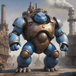 2D concept art piece revealing a Blastoise transformed into a Steampunk mega mecha. The design is adorned with an intricate web of valves, bustling pistons, and abundant steam exhausts. It stands menacingly against a detailed Victorian industrial landscape.