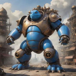 2D concept art piece revealing a Blastoise transformed into a Steampunk mega mecha. The design is adorned with an intricate web of valves, bustling pistons, and abundant steam exhausts. It stands menacingly against a detailed Victorian industrial landscape.