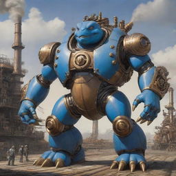 2D concept art piece revealing a Blastoise transformed into a Steampunk mega mecha. The design is adorned with an intricate web of valves, bustling pistons, and abundant steam exhausts. It stands menacingly against a detailed Victorian industrial landscape.