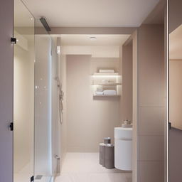 Detailed and contemporary one-bedroom design with a well-organized shower and toilet space. Incorporate soft hues, sleek fixtures and optimize for natural light.