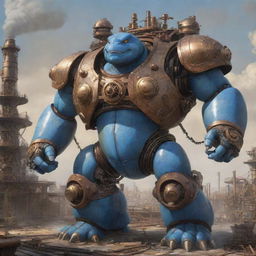 2D concept art piece revealing a Blastoise transformed into a Steampunk mega mecha. The design is adorned with an intricate web of valves, bustling pistons, and abundant steam exhausts. It stands menacingly against a detailed Victorian industrial landscape.