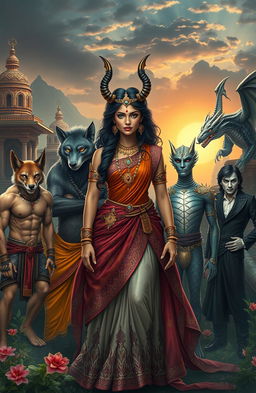 A captivating scene featuring a Demon Princess surrounded by her five husbands, each embodying their unique fantastical traits