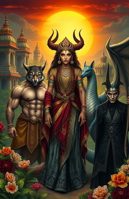 A captivating scene featuring a Demon Princess surrounded by her five husbands, each embodying their unique fantastical traits