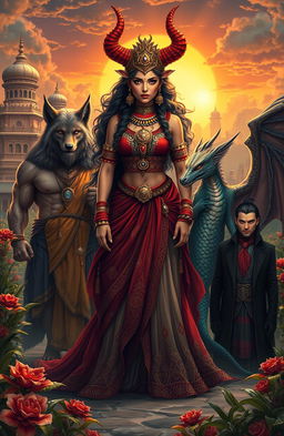 A captivating scene featuring a Demon Princess surrounded by her five husbands, each embodying their unique fantastical traits