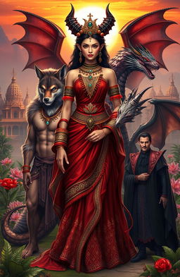A captivating scene featuring a Demon Princess surrounded by her five husbands, each embodying their unique fantastical traits