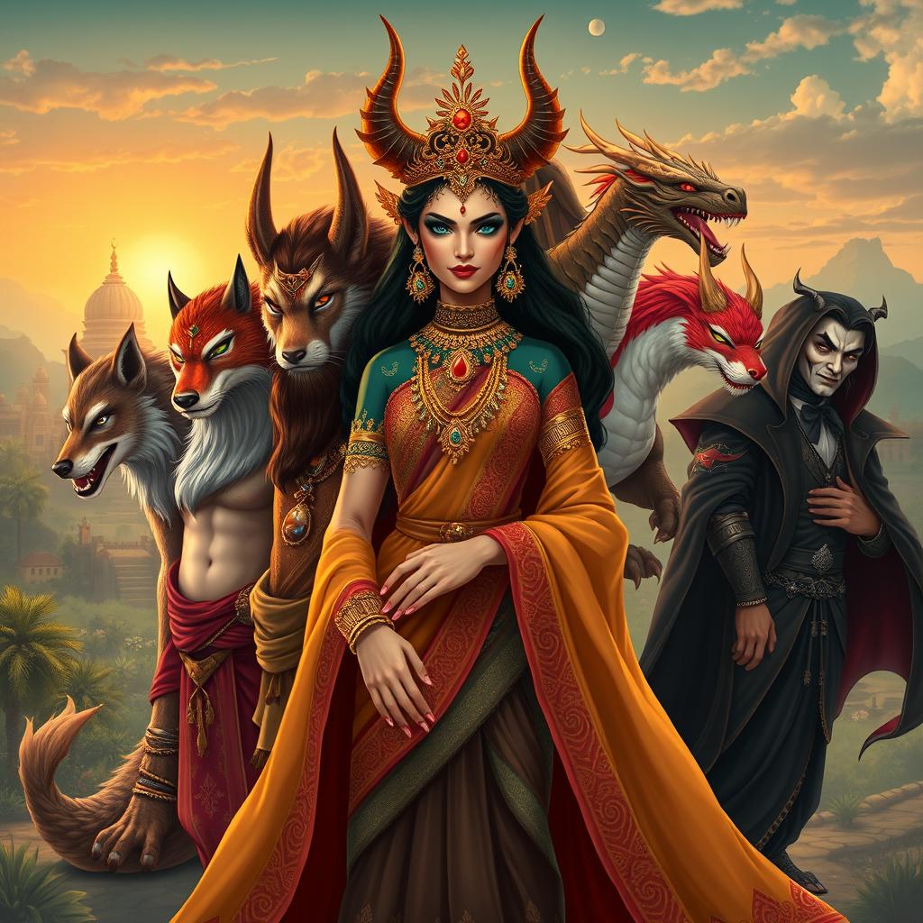 A mesmerizing illustration of a Demon Princess accompanied by her five husbands, each representing a distinct mythical creature