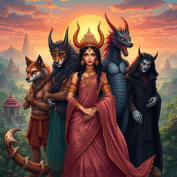 A mesmerizing illustration of a Demon Princess accompanied by her five husbands, each representing a distinct mythical creature