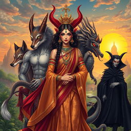 A mesmerizing illustration of a Demon Princess accompanied by her five husbands, each representing a distinct mythical creature
