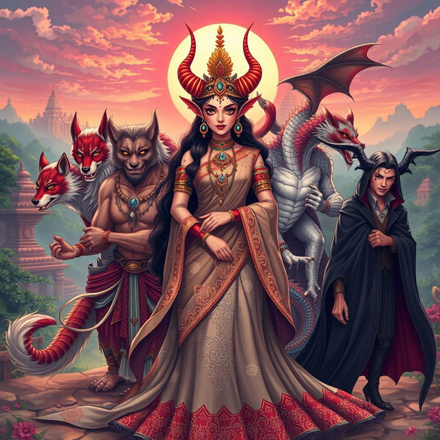 A mesmerizing illustration of a Demon Princess accompanied by her five husbands, each representing a distinct mythical creature