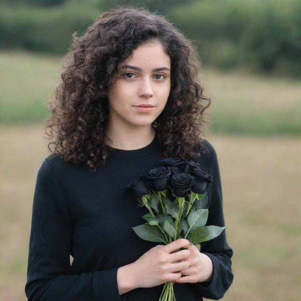 A girl with black, curly hair and honey-colored eyes, turned slightly away from the viewpoint, holding a bouquet of black roses.