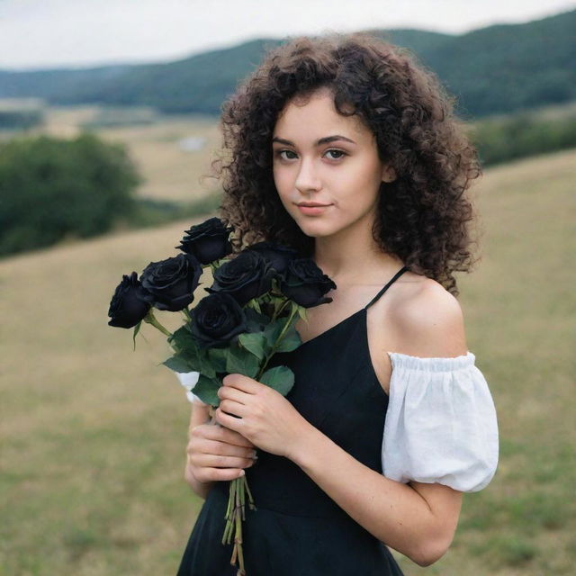 A girl with black, curly hair and honey-colored eyes, turned slightly away from the viewpoint, holding a bouquet of black roses.