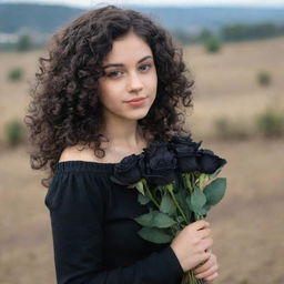 A girl with black, curly hair and honey-colored eyes, turned slightly away from the viewpoint, holding a bouquet of black roses.