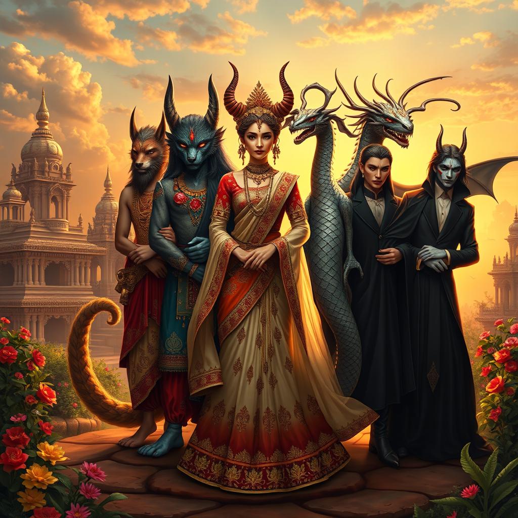 An enchanting depiction of a Demon Princess standing gracefully amongst her five husbands, each character radiating their unique mythical essence