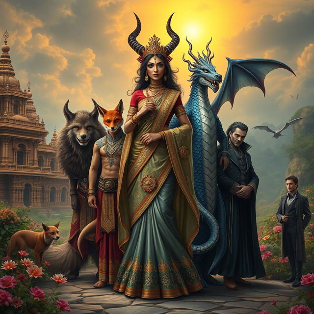 An enchanting depiction of a Demon Princess standing gracefully amongst her five husbands, each character radiating their unique mythical essence