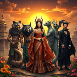 An enchanting depiction of a Demon Princess standing gracefully amongst her five husbands, each character radiating their unique mythical essence