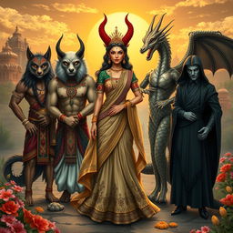 An enchanting depiction of a Demon Princess standing gracefully amongst her five husbands, each character radiating their unique mythical essence