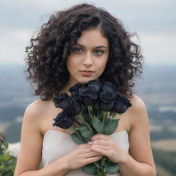 A girl with black, curly hair and honey-colored eyes, turned slightly away from the viewpoint, holding a bouquet of black roses.