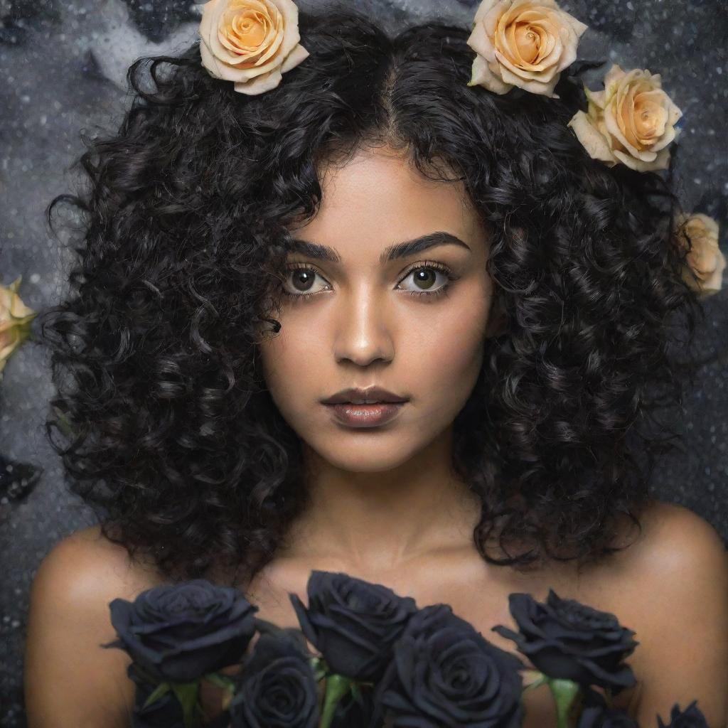 A young woman with curly black hair and honey colored eyes, surrounded by a flurry of ebony-black roses.