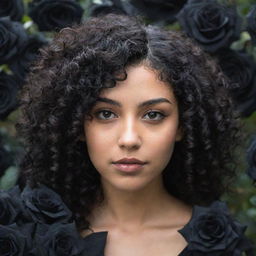 A young woman with curly black hair and honey colored eyes, surrounded by a flurry of ebony-black roses.