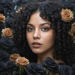 A young woman with curly black hair and honey colored eyes, surrounded by a flurry of ebony-black roses.