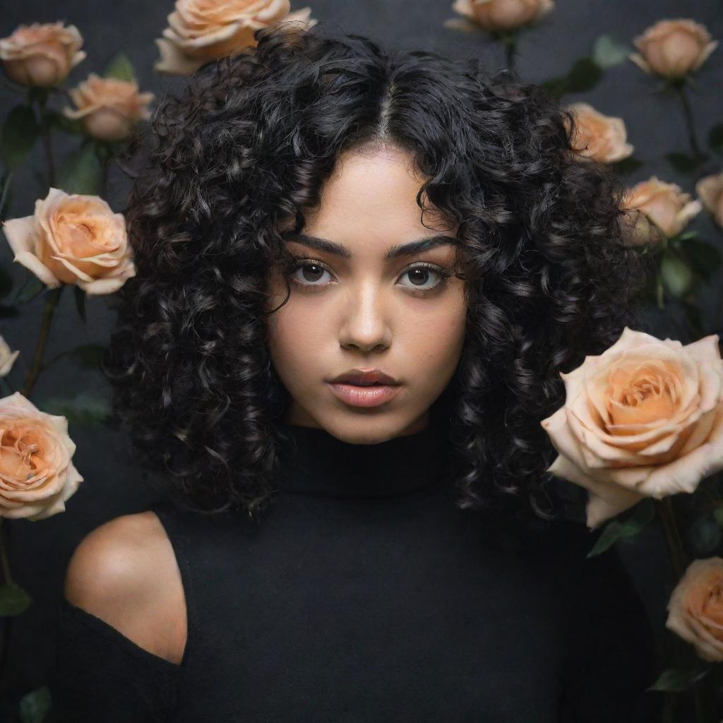 A young woman with curly black hair and honey colored eyes, surrounded by a flurry of ebony-black roses.