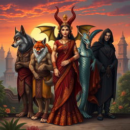 An enchanting illustration showcasing a Demon Princess standing proudly with her five husbands, each representing a unique mythical creature