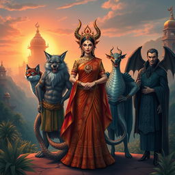 An enchanting illustration showcasing a Demon Princess standing proudly with her five husbands, each representing a unique mythical creature