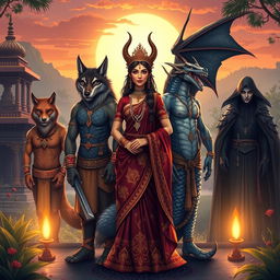 An enchanting illustration showcasing a Demon Princess standing proudly with her five husbands, each representing a unique mythical creature