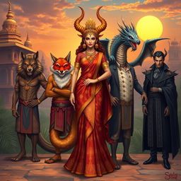 An enchanting illustration showcasing a Demon Princess standing proudly with her five husbands, each representing a unique mythical creature